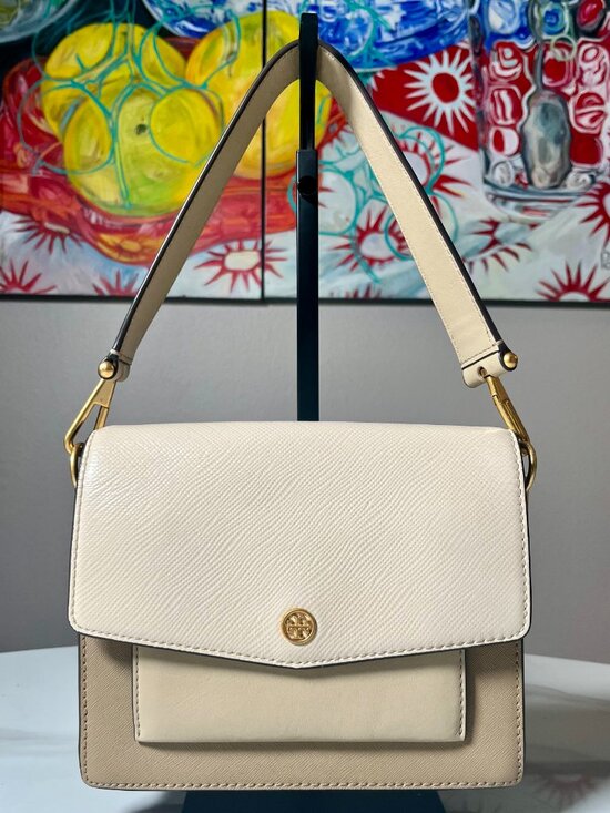 Tory Burch Handbags - Tory Burch Robinson Color Block Saffiano Leather Flap Shoulder Bag Ivory/Taupe